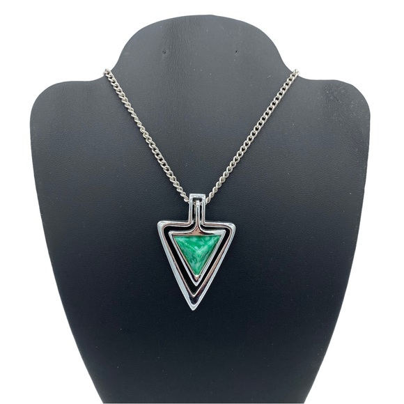 Emmons Vintage Green Stone Triangle Silver Necklace - Picture 1 of 6